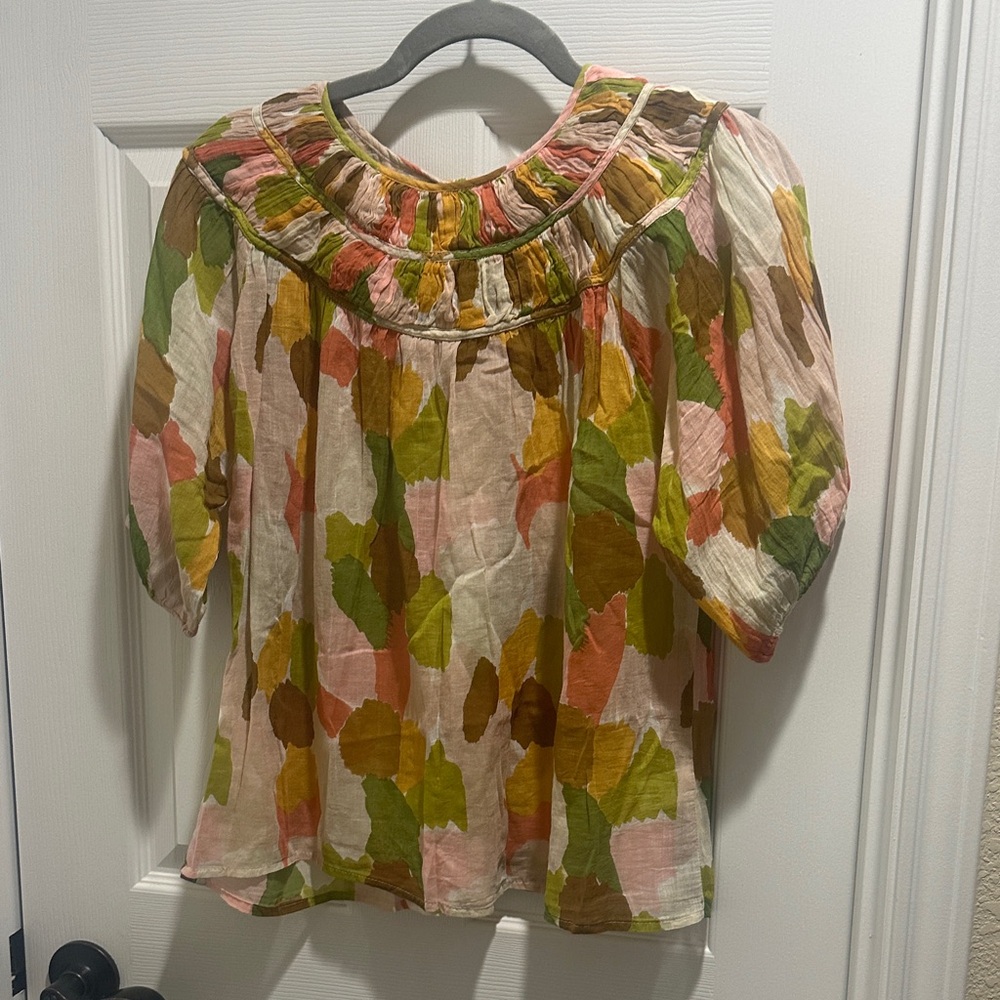 THML Multicolor Floral Puff Sleeve Blouse - Pink, Green & Brown